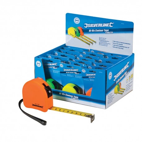 Caja expositora con flexómetros contorneados de colores fosforitos